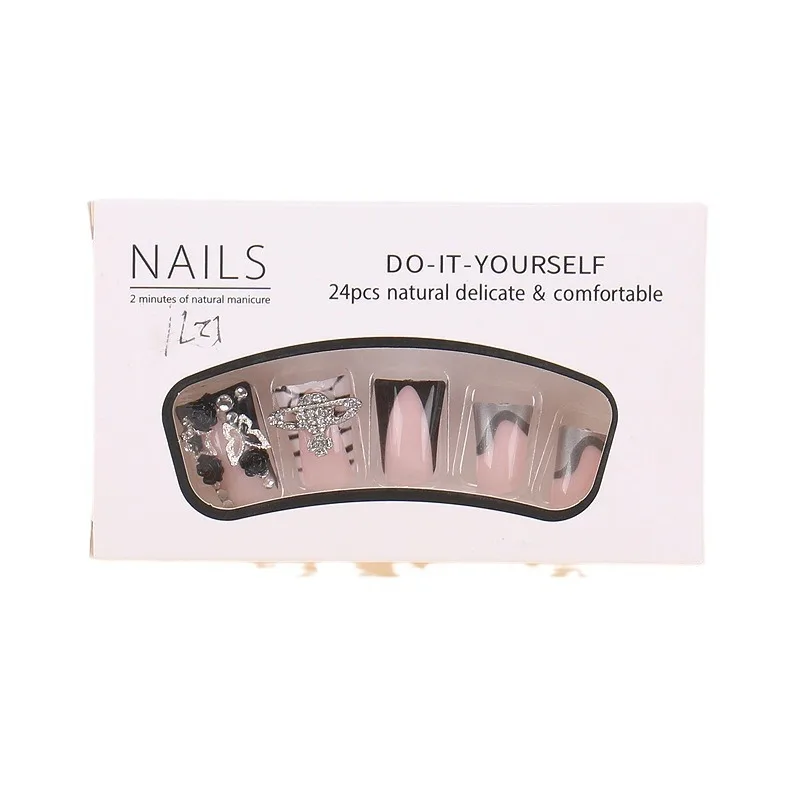 24pcs Fashion Duck Nails Press on Y2K French Black Fake Nails Tips Square Head Wearable Manicure Full Cover False Nail for Women