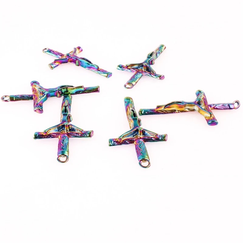 

5pcs/Lot Rainbow Color Cross Religion Christ Charms Tree Stump Alloy Metal Humanoid Pendant Fit Bracelets DIY Jewelry Making