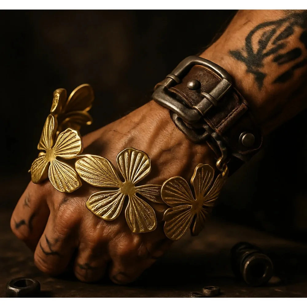 

Массивный винтажный золотой браслет-манжета с цветами и бабочками, матовый, широкий, для женщин