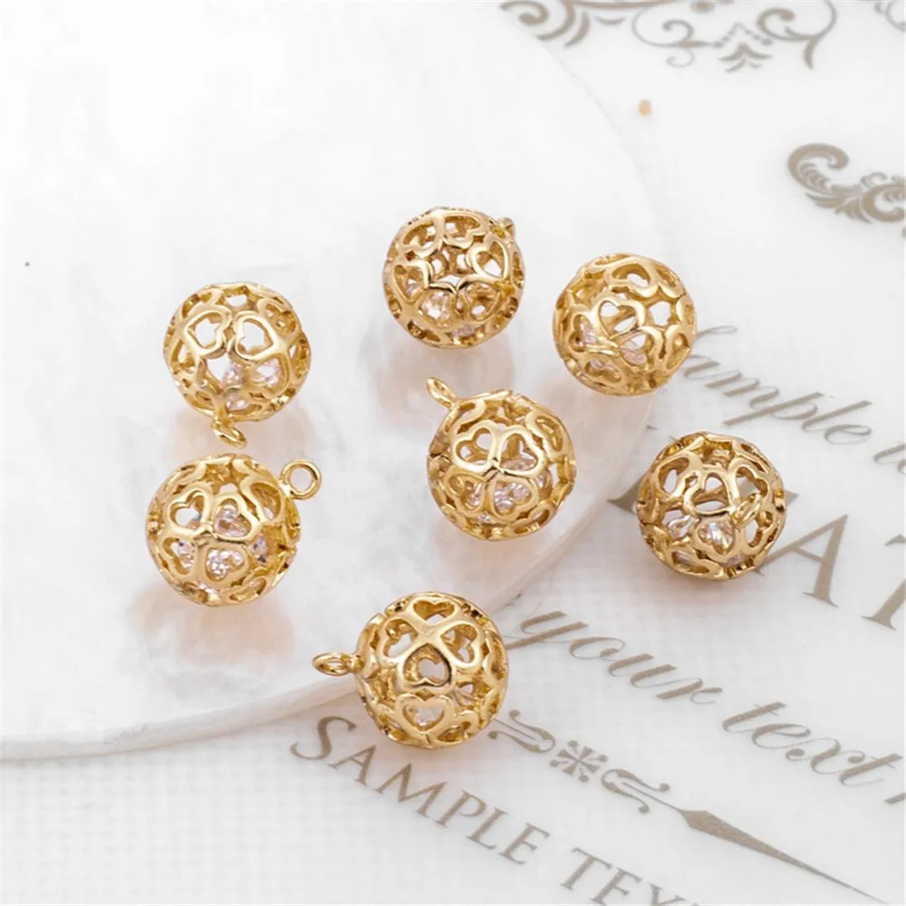 

14K Gold-wrapped Love Hollow Zircon Pendant Ball, DIY Jewelry Accessories, 10mm 8mm