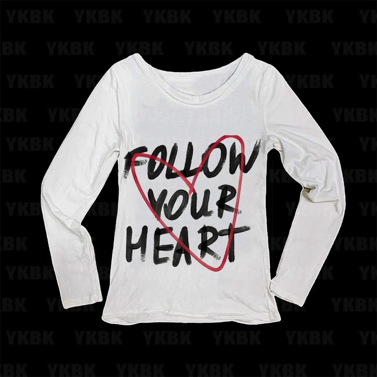 Y2K Aesthetic Women Long Sleeve Tee Follow Your Heart Slogan Graffiti Heart Graphic Slim Casual Grunge Top