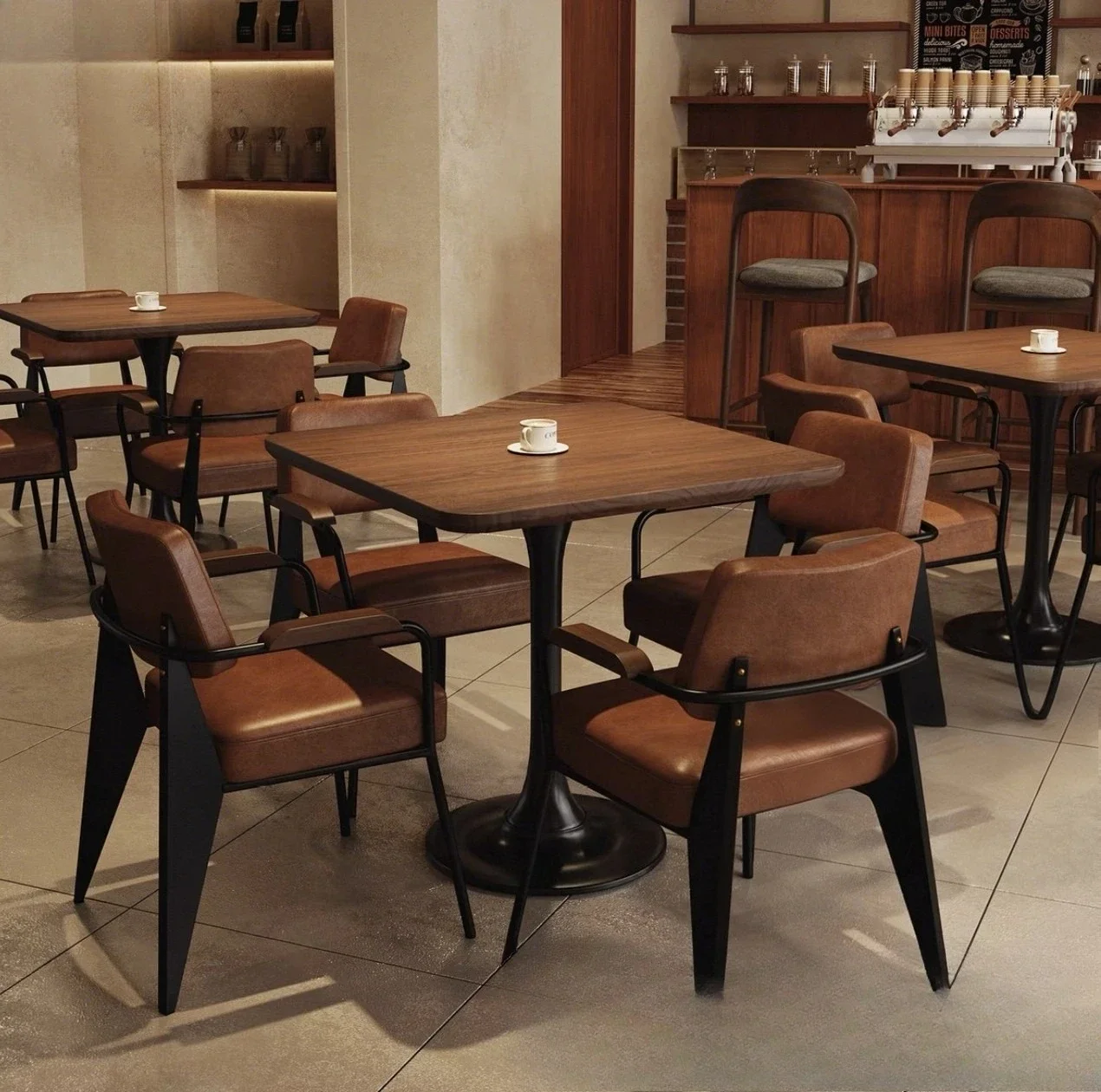 Meja makan kayu solid, meja dan kursi bergaya abad pertengahan Prancis, untuk katering restoran dan kafe komersial bergaya Barat, meja kue dari kayu walnut.