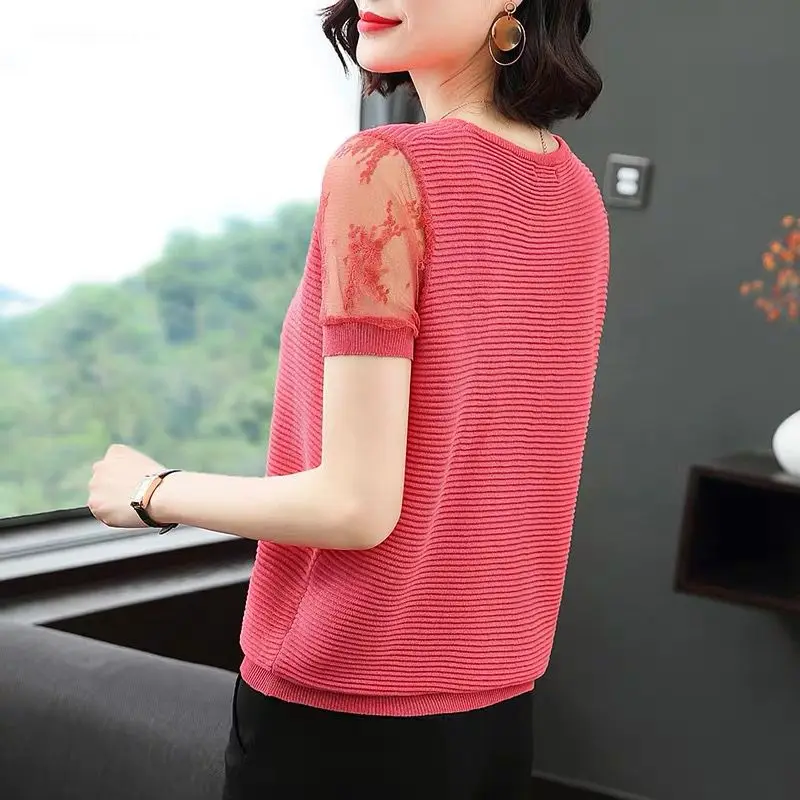 Female Clothing Ice Silk T-shirt Women's Short Sleeve Summer Round Neck Mesh Tees Knitted Thin Loose Large Casual Fashion Tops