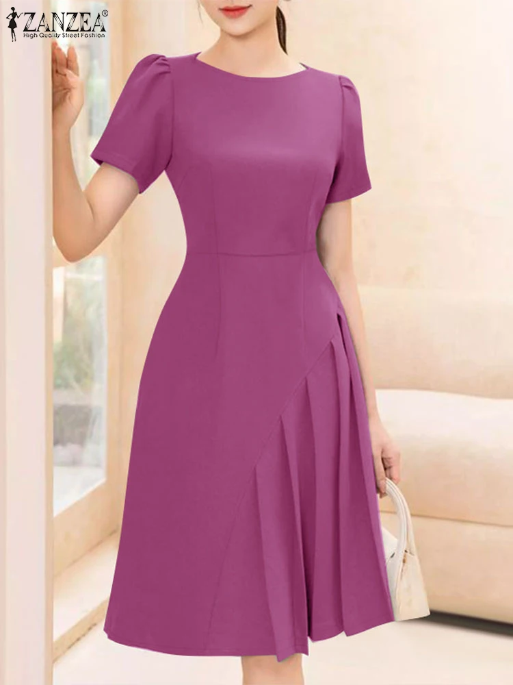 20245ZANZEA Summer Elegant Office Work Dress Women O Neck Short Sleeve Solid Sundress Fashion Casual Knee-length Vestidos Robe