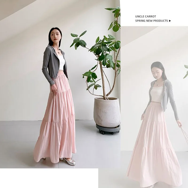 Lucyever Women Pink Pleated Skirts Korean Style High Waist Long Skirt Woman Solid Color Beach Vacation A-Line Skirt De Mujer