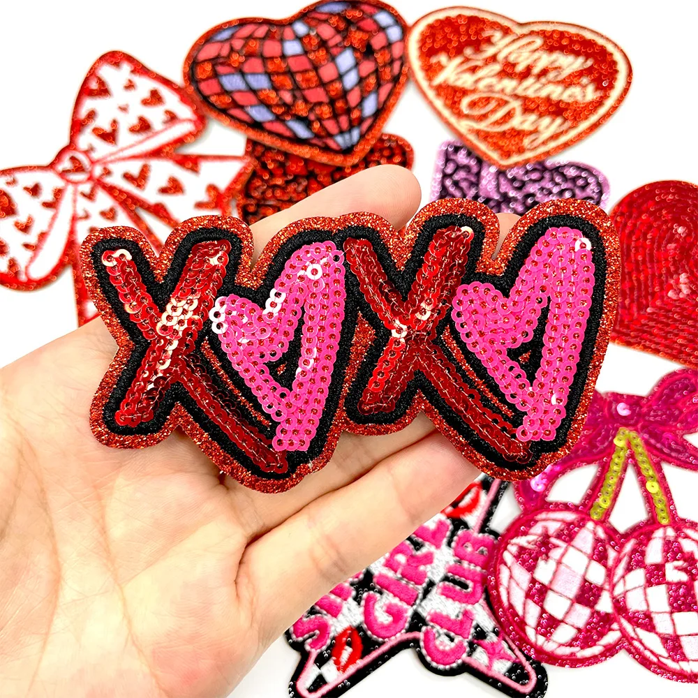 

Happy Valentine's Day Heart XOXO Coquette Love Iron on Small Emblem Thermoadhesive Sequin Embroidery Patches Logo for T-shirts