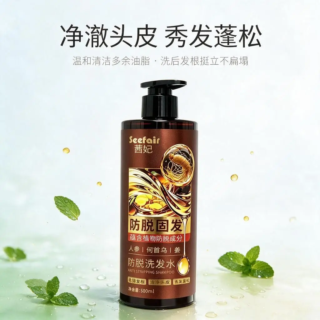 Qianfei Ginseng He Shou Wu Ginger Anti-Hair Loss Shampoo Strengthen Roots Thickening Oil Control Volumizing Herbal