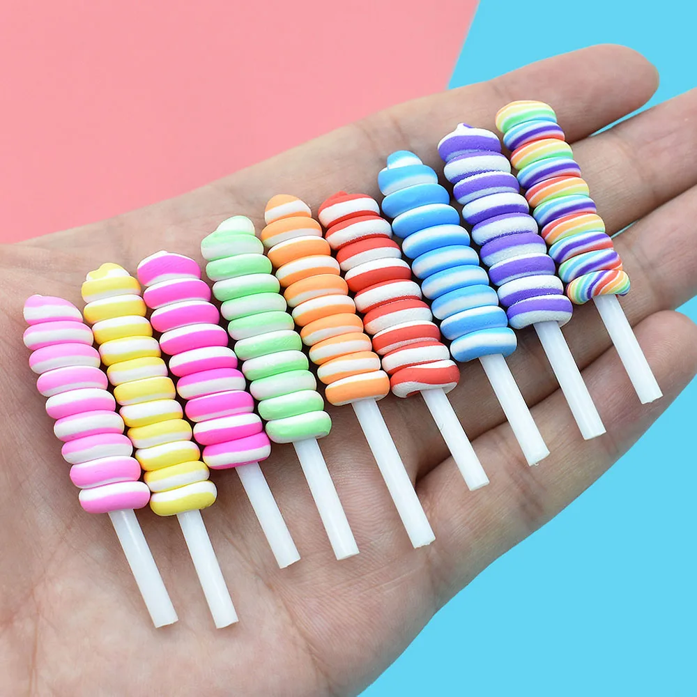 10 Stks/zak Candy Lollipop Nail Art Decoraties 3D Kawaii Manicure 9*50Mm Slime Diy Polymeer Klei Accessoires 9 kleuren Nagel Charmes