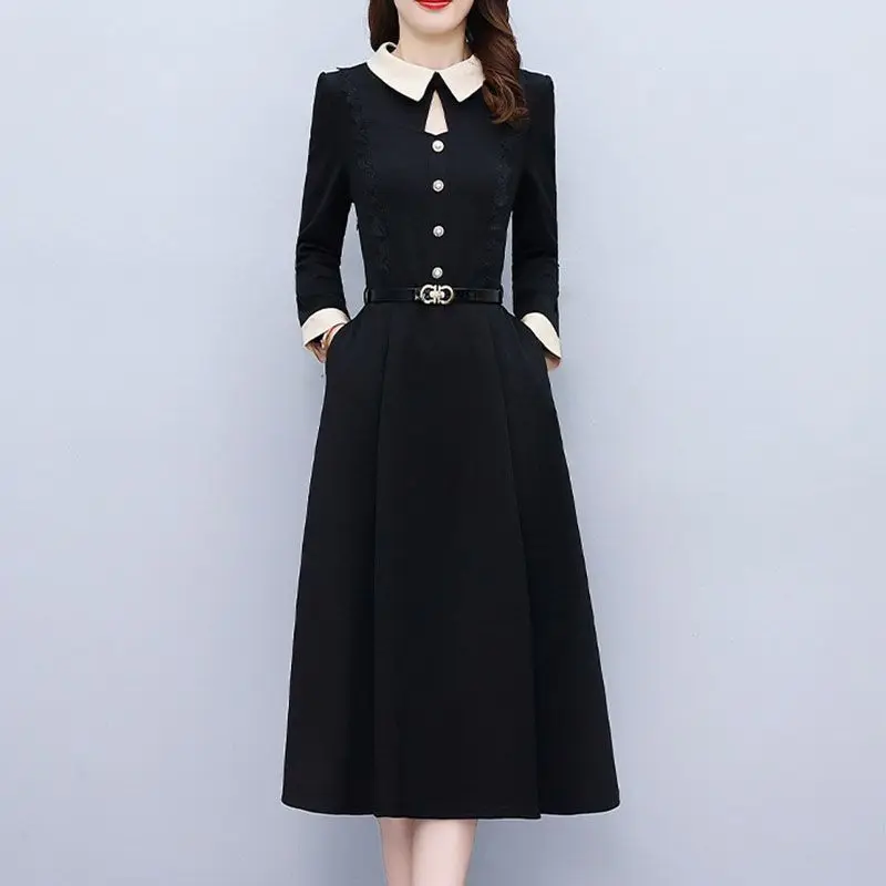 Autumn and Winter New Korean Mid to Long Fashion Dress with Doll Neck and Elegant Black Waist