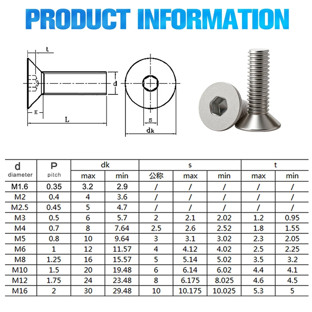 M2 M2.5 M3 M4 M5 M6 M8 A2 Round Stainless Steel or Flat Countersunk Head Screws DIN7991 Allen Hex Socket Screw ISO7380 5-55pcs