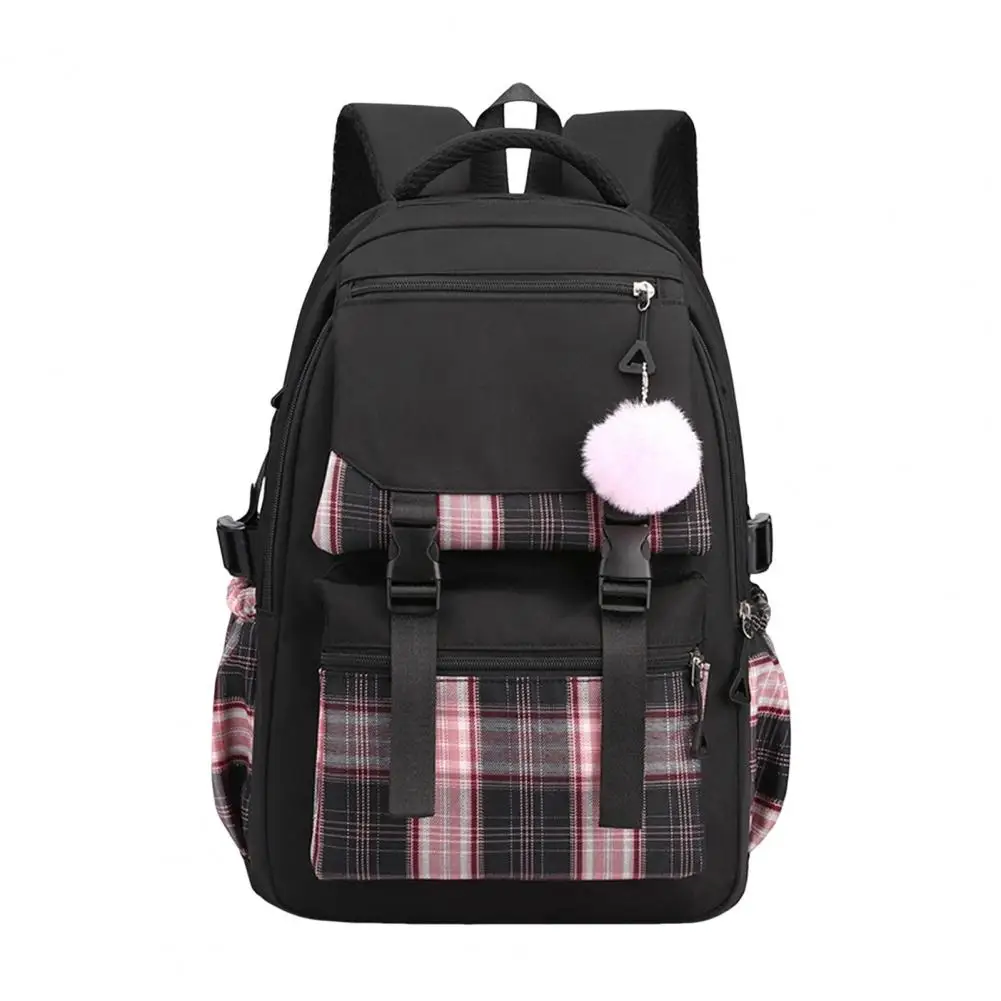 School Backpack Plaid Print Student Backpack with Plush Ball Pendant Capacity Multi Compartment School for Pupils for Outdoor