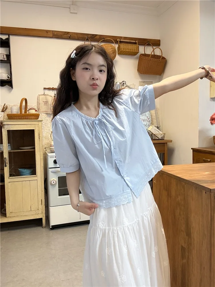 

Yellow Lace Trim Belted Short Sleeve Loose Fit Bubble Sleeve Doll Shirt Women's Summer 2026 New Style Slimming Top