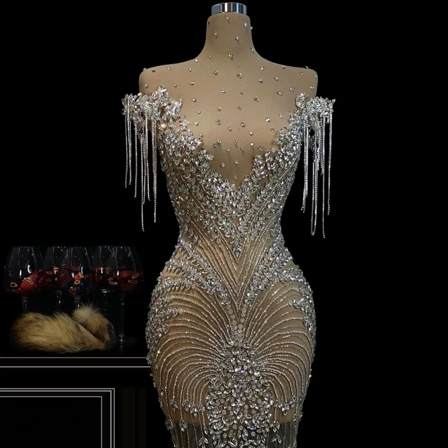 Sexy Perspective Prom Dress Sequins Luxury Formal Party Birthday Dress Handmade Crystal Beads  Evening Dress Plus Size Customiza