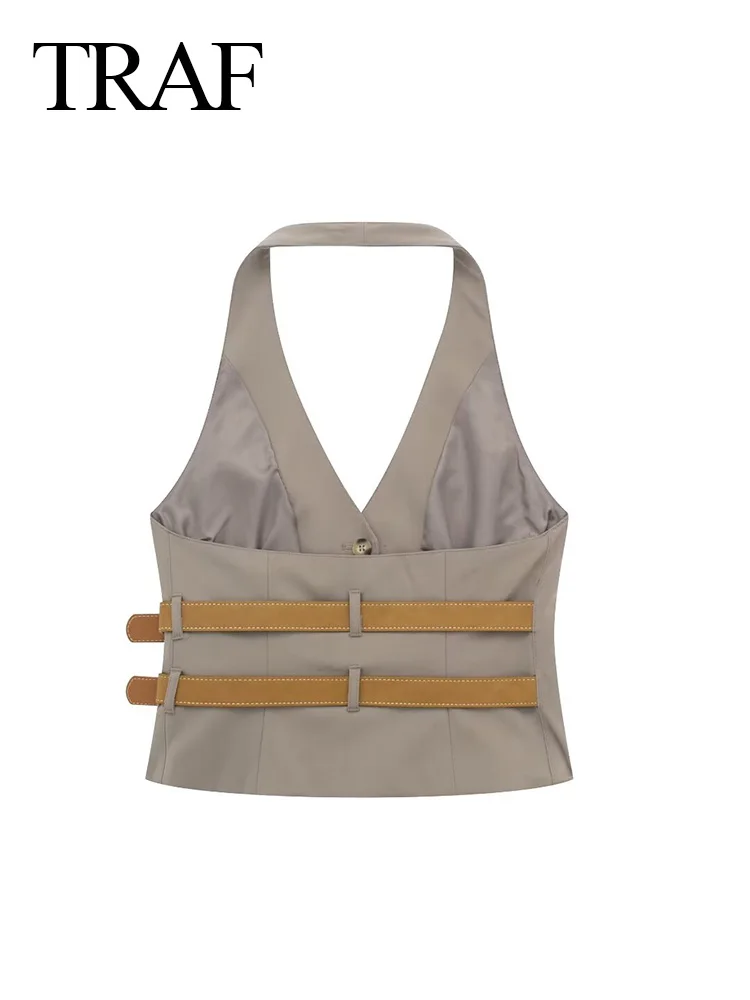 Imagem -05 - Traf-colete Halter Feminino sem Mangas Colete Elegante Streetwear Feminino Chique Couro Cinza Botão Primavera e Verão Cabolsa Retrô 2023