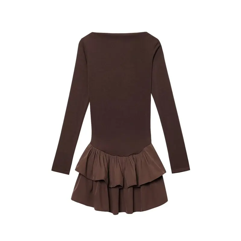 Moda Fena Primavera 2025 Vestido Curto de Manga Longa com Decote Redondo Decoração em Camadas Versátil Nova Chegada Estil...