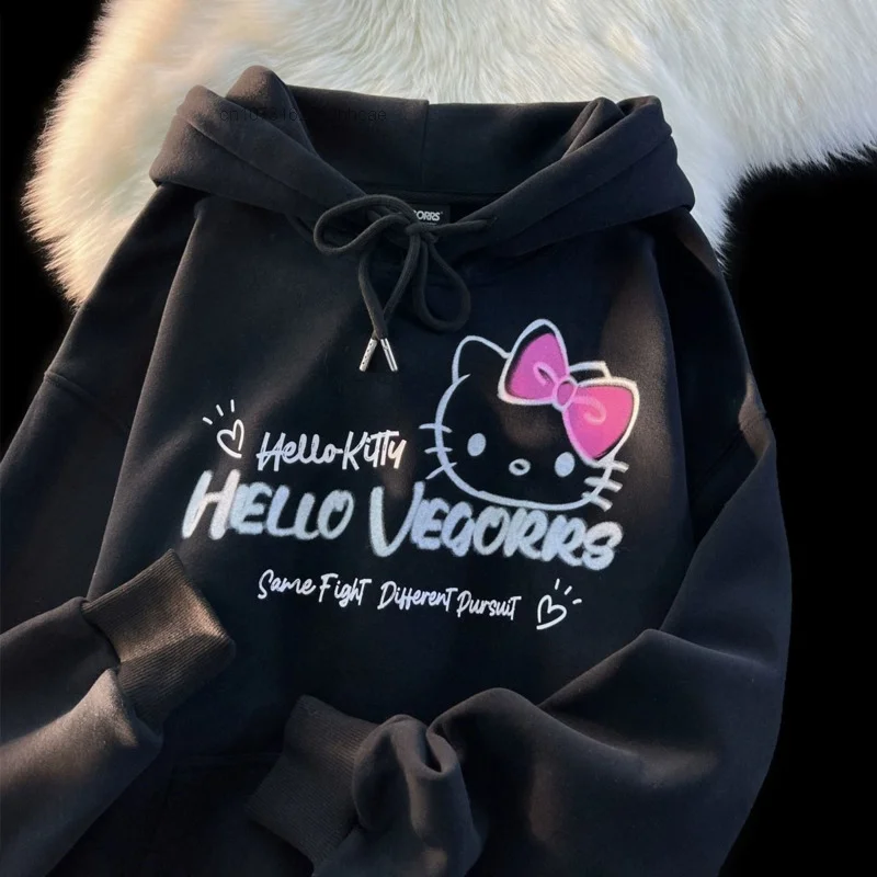 Sanrio Gothic Hello Kitty Pullover Hooded Sweatshirt Hip Hop 90s Vintage Japanese Harajuku Hoodie 2000s Yk2 Clothes Streetwear