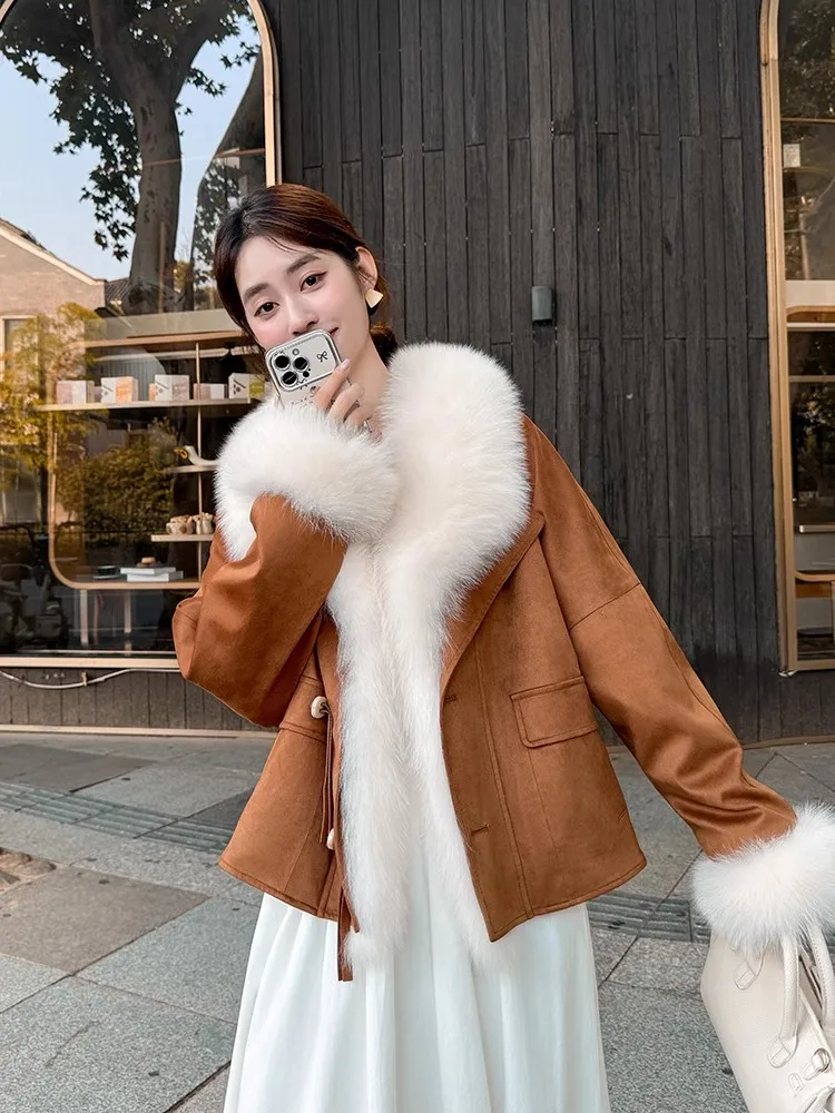 Winter Frauen Warme Daunen Jacke Fuchs Pelz Kragen Faux Wildleder Leder Mantel Lose Fit Elegante Büro Damen Mantel Gans Unten Jacke