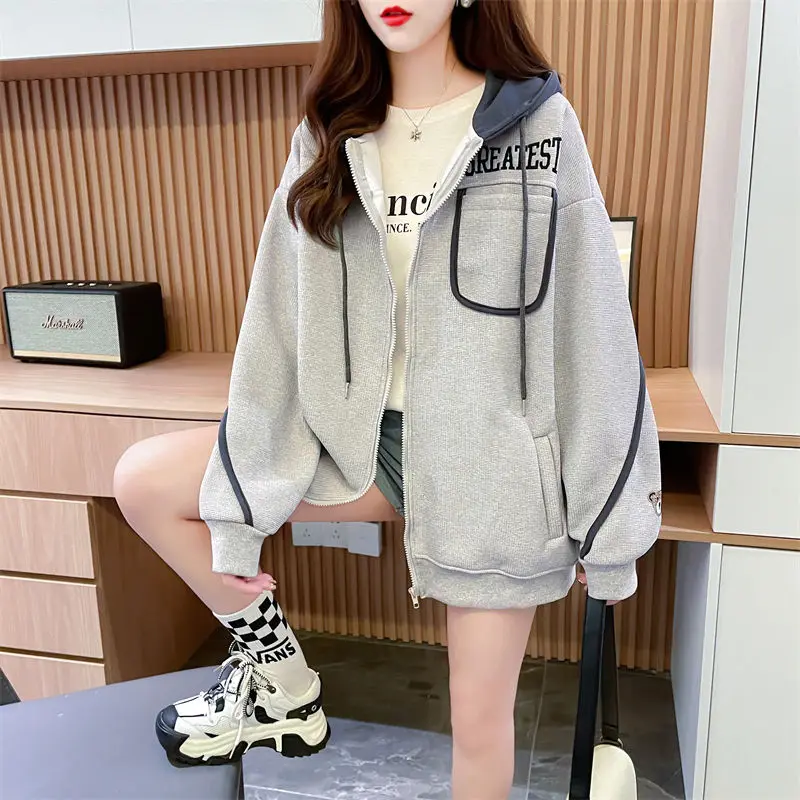 Fashion Pockets Letter Embroidery Hooded Sweatshirts Female Clothing 2024 Autumn Winter New Loose Casual Tops Korean Sweatshirts