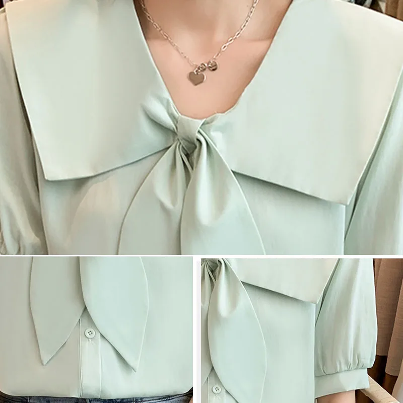 2022 Summer French Style Sweet Bow Collar Short Sleeve Shirt Tops Femme Clothing Chiffon White Apricot Green Button Blouse 2867