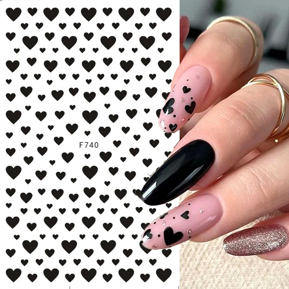 3D Black Heart Nail Stickers Love Valentine Cute Cartoon Couple Letter Self Adhesive Wrap Slider DIY Manicure Accessories Tips