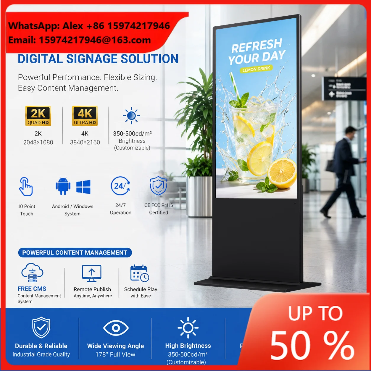 Customizable 4K LCD Touch Screen Digital Signage 43/49/55/65 Inch Floor Standing Advertising Media Player For Elevator Animation
