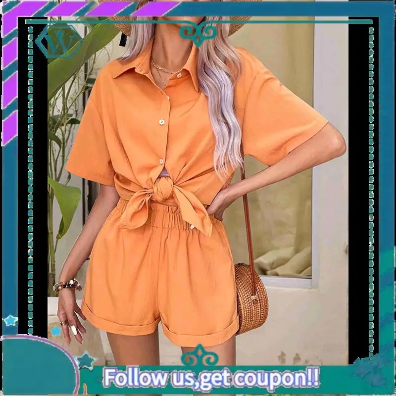 A09P APAFES Set corto estivo da donna in cotone e lino Pantaloncini da 2 pezzi Top Lounge Vacanza al mare Abiti da due pezzi Tute