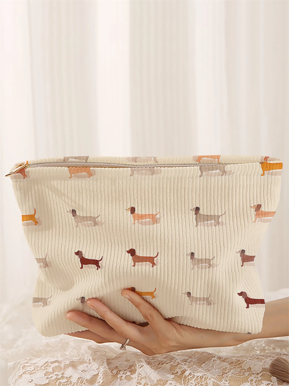 Cute multi-color dachshund dog printed corduroy makeup bag, lightweight zipper pouch, multifunctional lined cosmetic bag