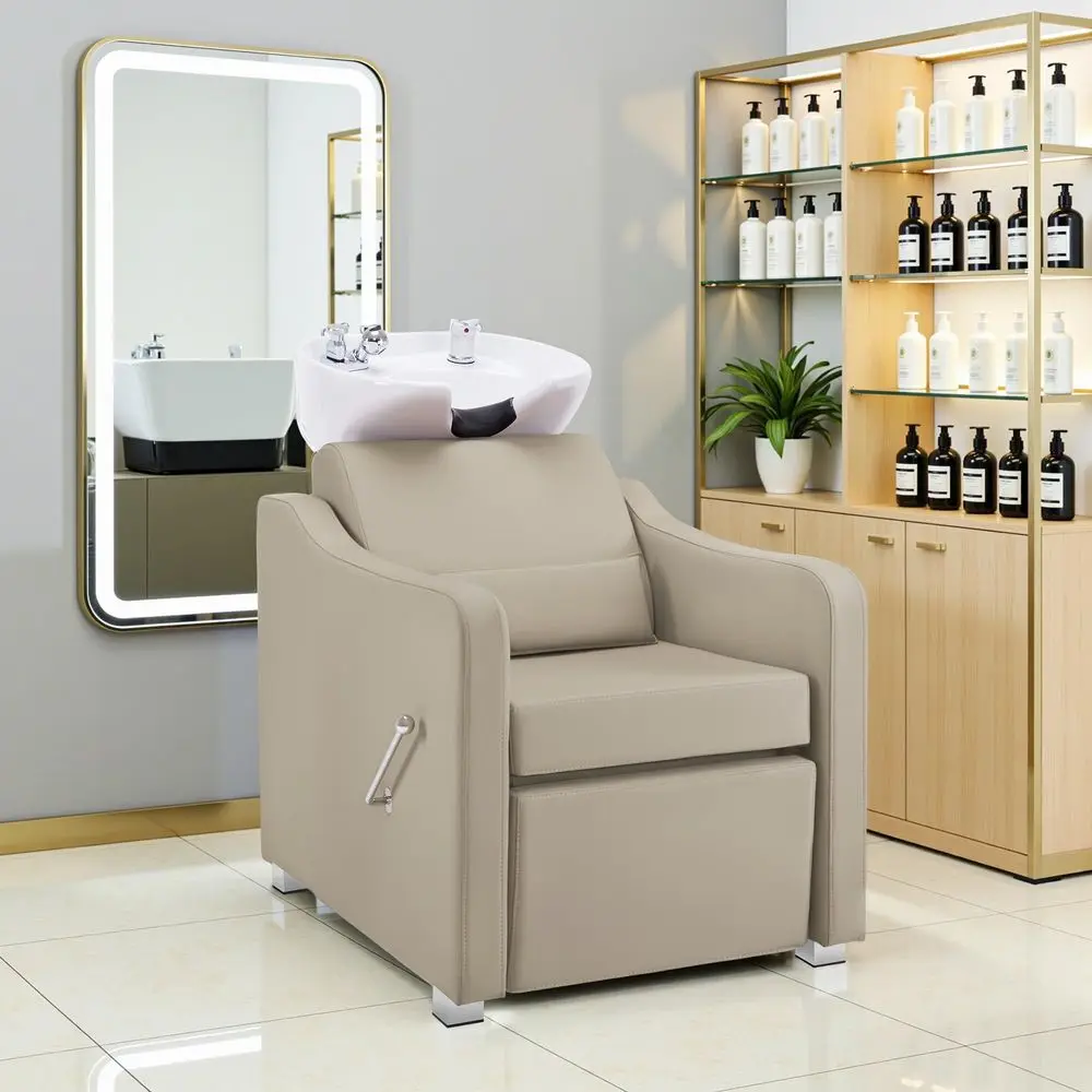 

Backwash Shampoo Station Chair, Adjustable Porcelain Ceramic Hair Wash Bowl with Chair, Shampoo Station for Barber Shop, Spa Be