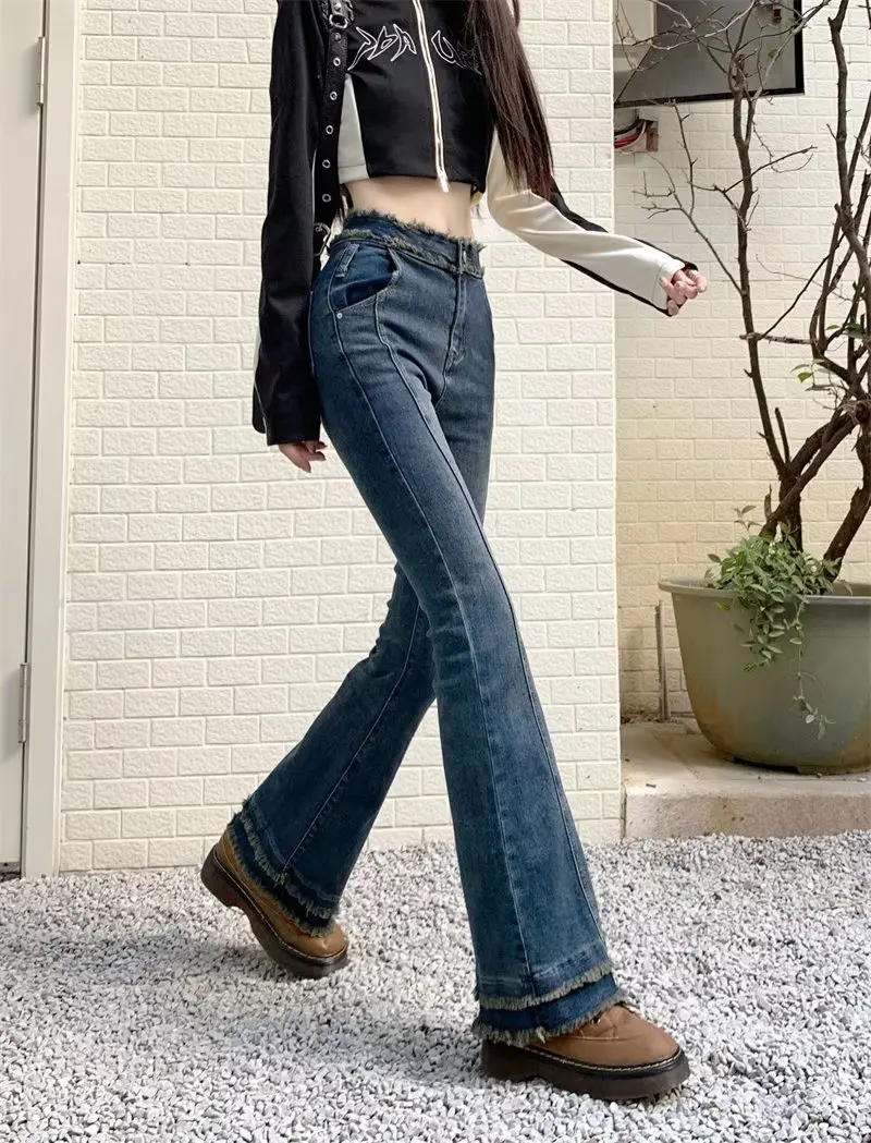 LEDP Jeans donna Retro vita alta elastico Micro-tromba Jeans moda femminile Stretch Design senso Raw Edge Pants Slim Straight