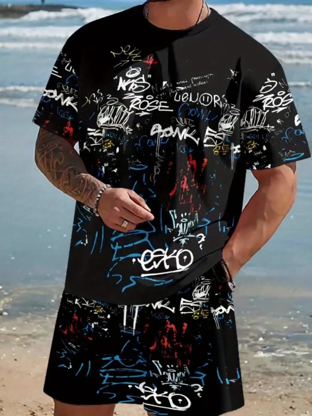 Summer Streetwear Men's  Round Neck Casual and Fashionable 3D Printed Short Sleeved T-shirt and Shorts Set