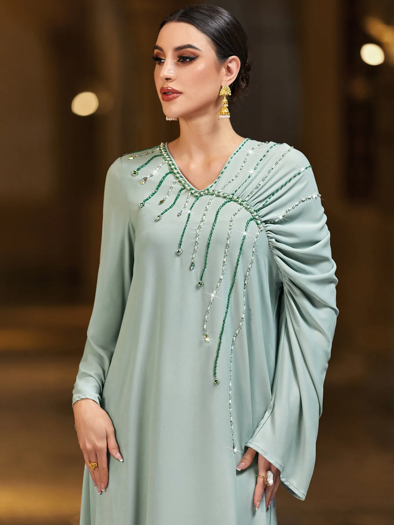 

Morocco Muslim Women Abaya Diamonds Pleat Long Dress V-Neck Long Sleeve Dubai Turkey Caftan Party Gown Musulmane Femme Vestidos