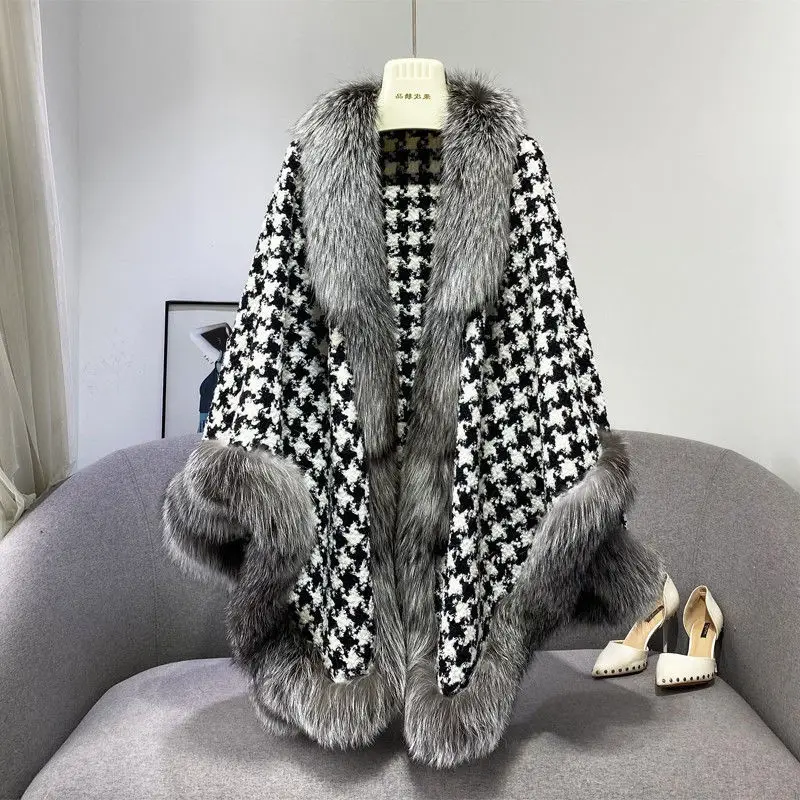 Winter Women Faux Mink Fur Capes Jacket Loose Houndstooth Thick Double-sided Wear Ponchos Coat Furry Cloak Shawl Cardigan Tops