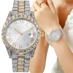 Luxury Brand Women's Watch Fashion Full Star Elegant Style Rhinestone Set Metal Strap Roman Text Calendar Quartz Watch For Women