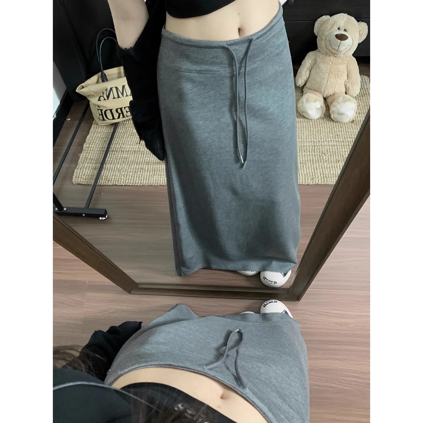 Deep Grey Drawstring A-Line Skirt Women's Lazy Style High Waist Straight Cut Loose Half-length Skirt Casual Wear for Autumn