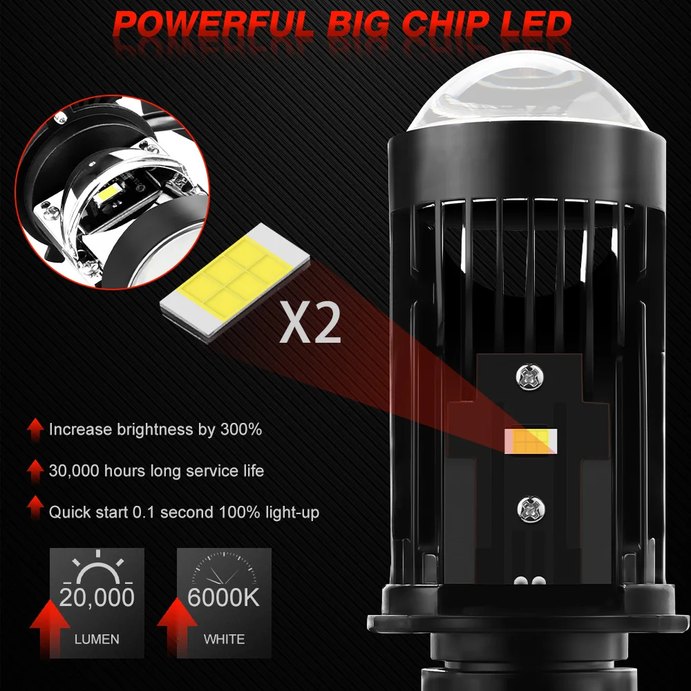 H4 LED Projector Lens Headlight Car LED headlamp Canbus 6000K Hi/Lo Beam Bulb with Turbo Fan 20000LM 100W For Car/Motorcycle 12V