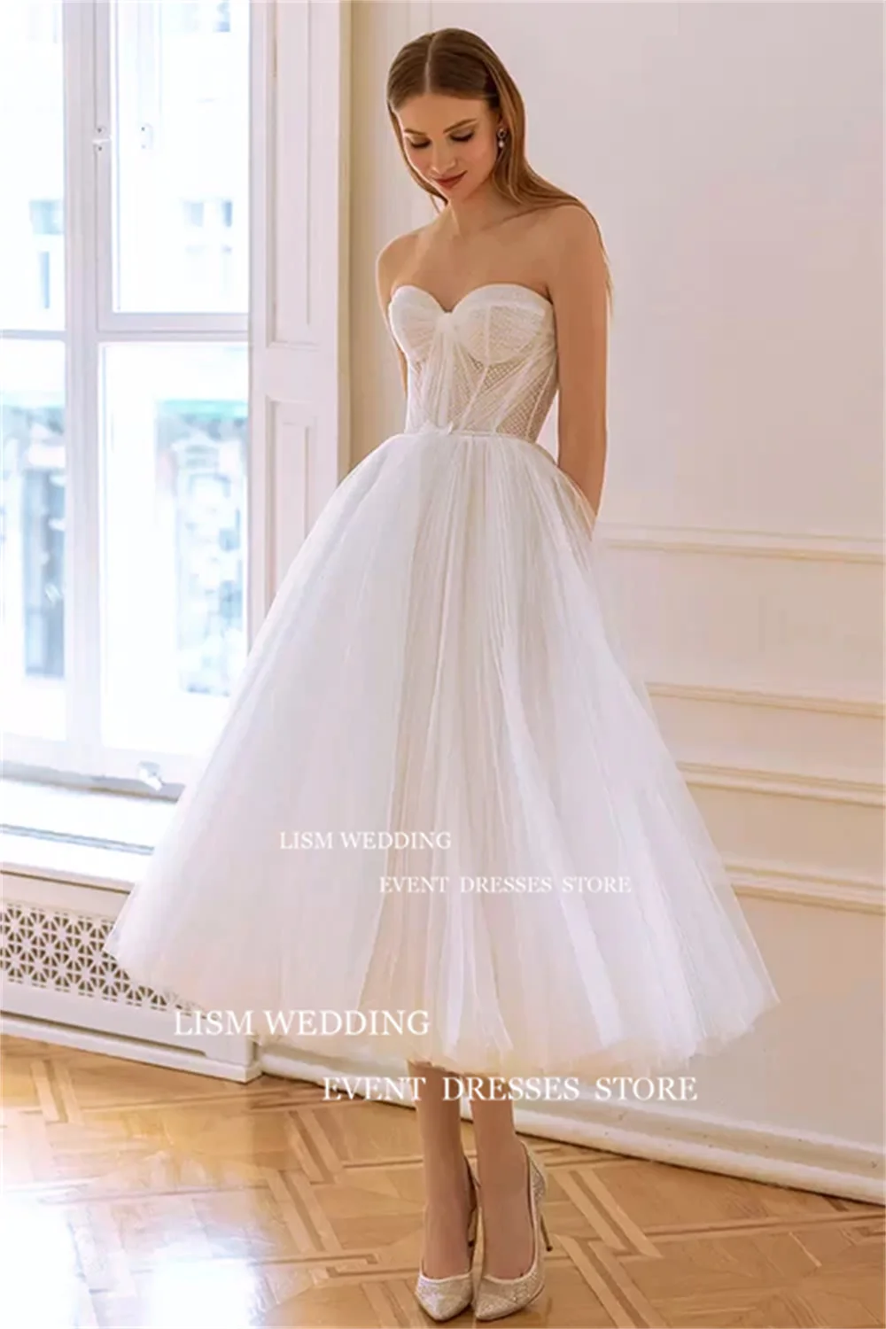 LISM 2 Pcs Sweetheart Short Wedding Dresses With Cape Strapless Sleeveless Civil Bridal Gown Pleats Tea Length Vestidos De Novia