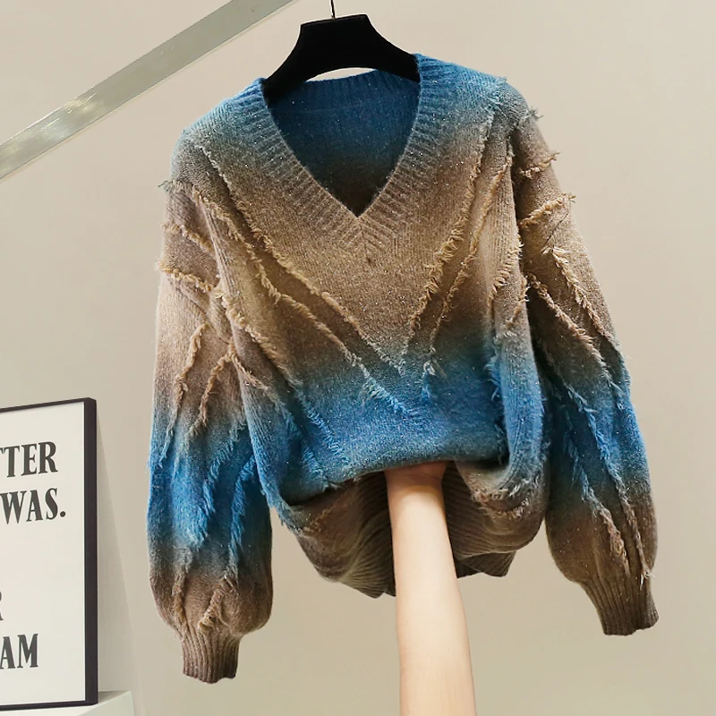 

Faionable Heavyweight Korean Sle adient Color Tassel V-Ne Knitted Sweater Women's Loose Design Versatile Elegance Top...