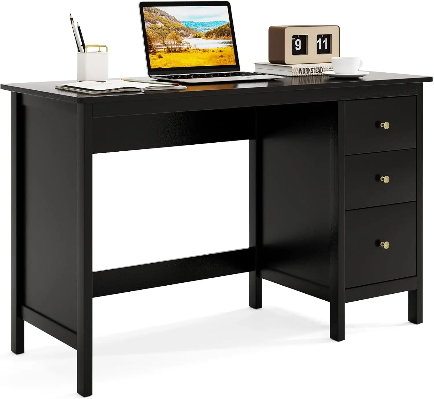 

Black Desk with Drawers, Modern Home Office Computer Desk with Storage Drawers & Spacious Desktop, Compact Writing Stud