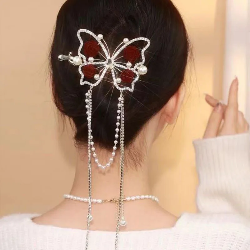 New Butterfly Rose Fringe Hair Grips Elegant Twist Clip Headdress Retro Alloy Female Fashion Ponytail Braid Hair Ornaments