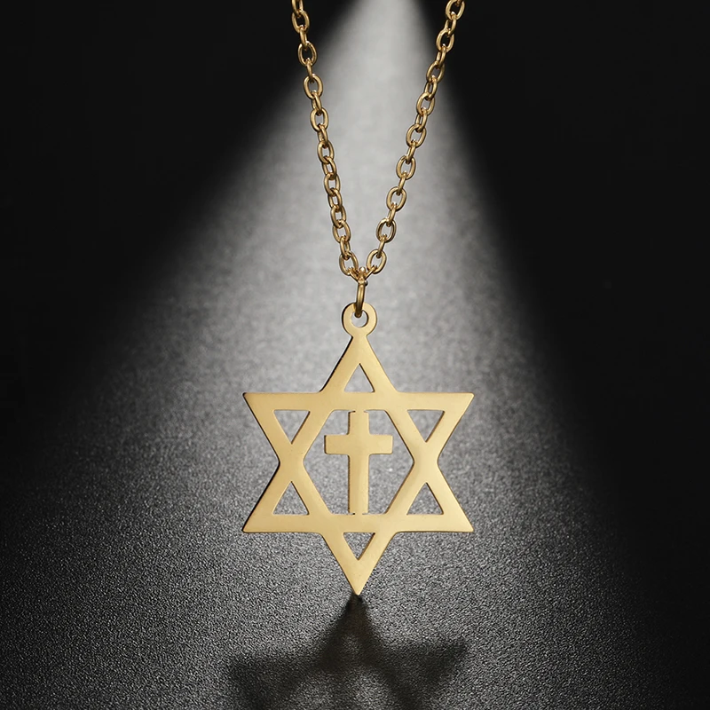 Trend Star of David Cross Pendant Necklace for Men Women Hollow Stainless Steel Gold Silver Color Necklace Jewelry Party Gift