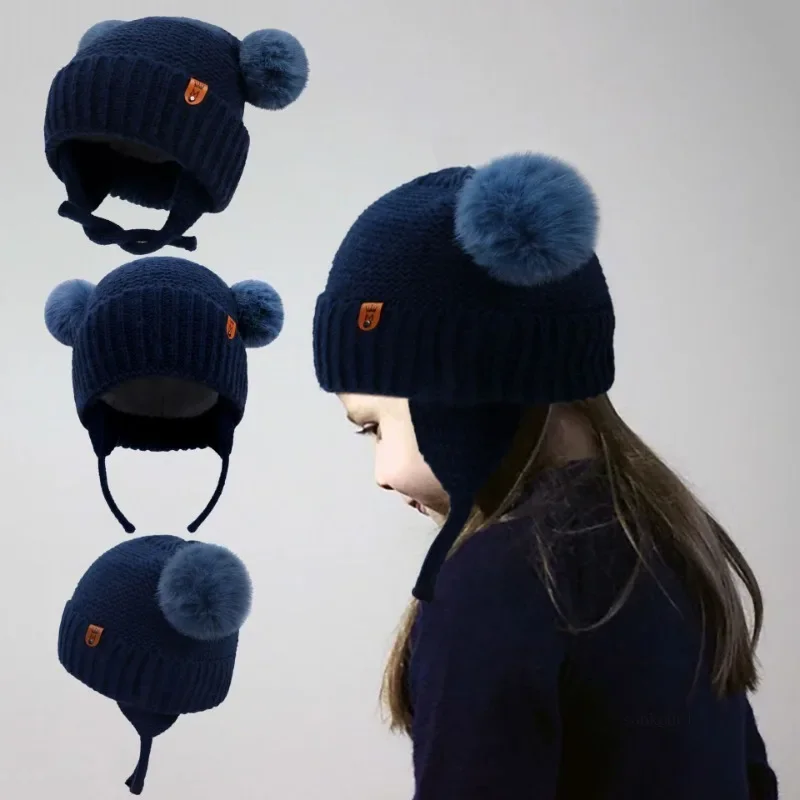 

Fur Ball Baby Winter Hat with Earflap Skiing Infant Bonnet Plush Lining Knitted Kids Beanie Children Cap Baby Accessories 0-4Y