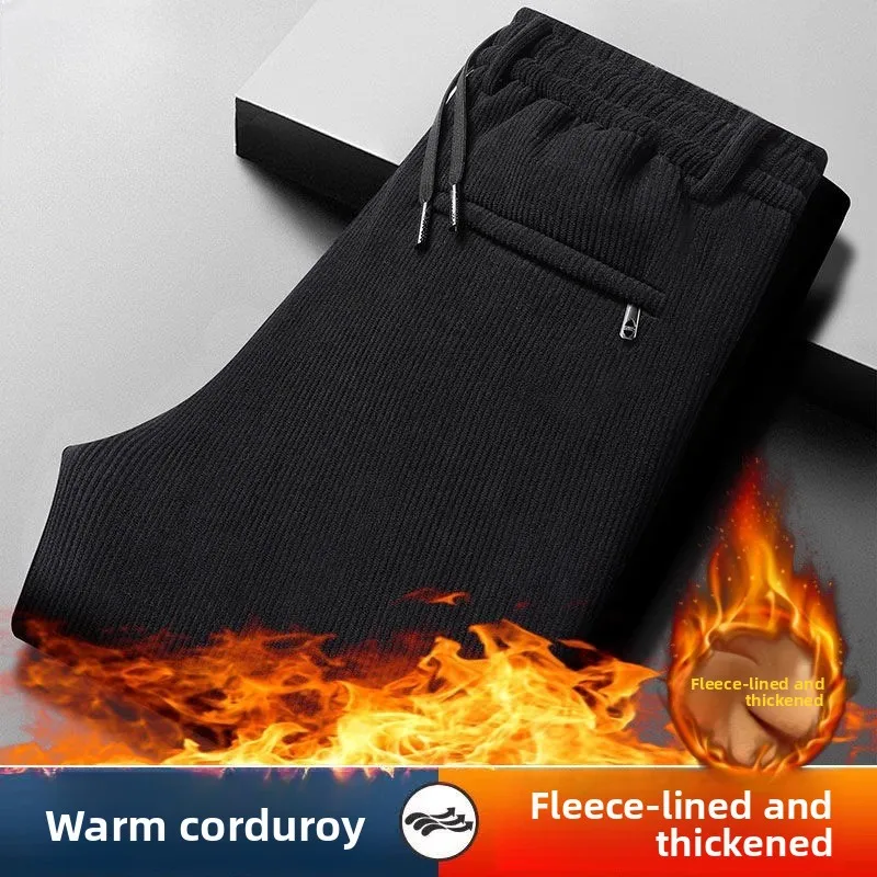 Women's Corduroy Pants Autumn Winter Thickened Fleece Lined Straight Leg Elastic Waist Outerwear Casual Trousers Trendy Brand