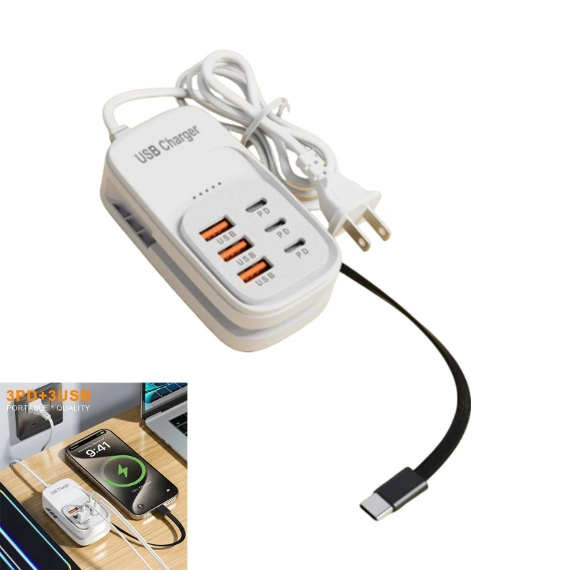  3 Type C and 3 USB A Port Plastic Material Lightweight Power Adapter Chargers