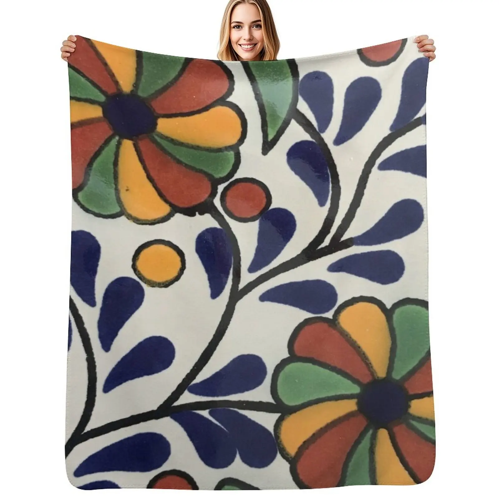 

Glazed Talavera Floral on Ceramic Hand Painted Mexican Tile Throw Blanket Warm Accent Blanket for Living Room Decoration
