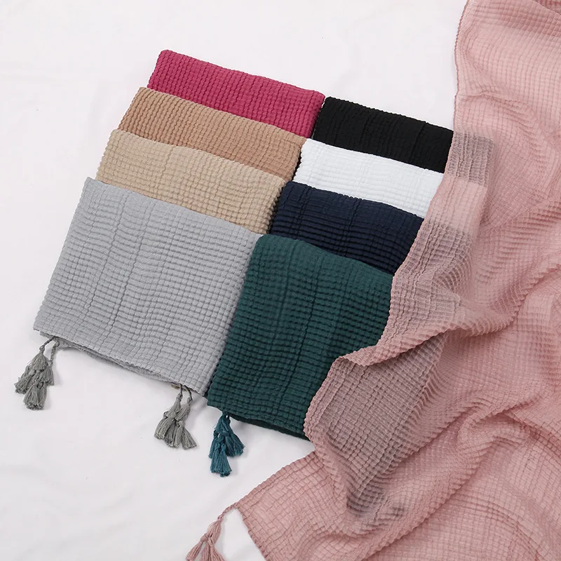 Plain Basic Design Plaid Wrinkle Tassel Viscose Hijab Shawl Lady Solid Wrap Headband Pashmina Stole Turban Muslim Sjaal 180*70Cm