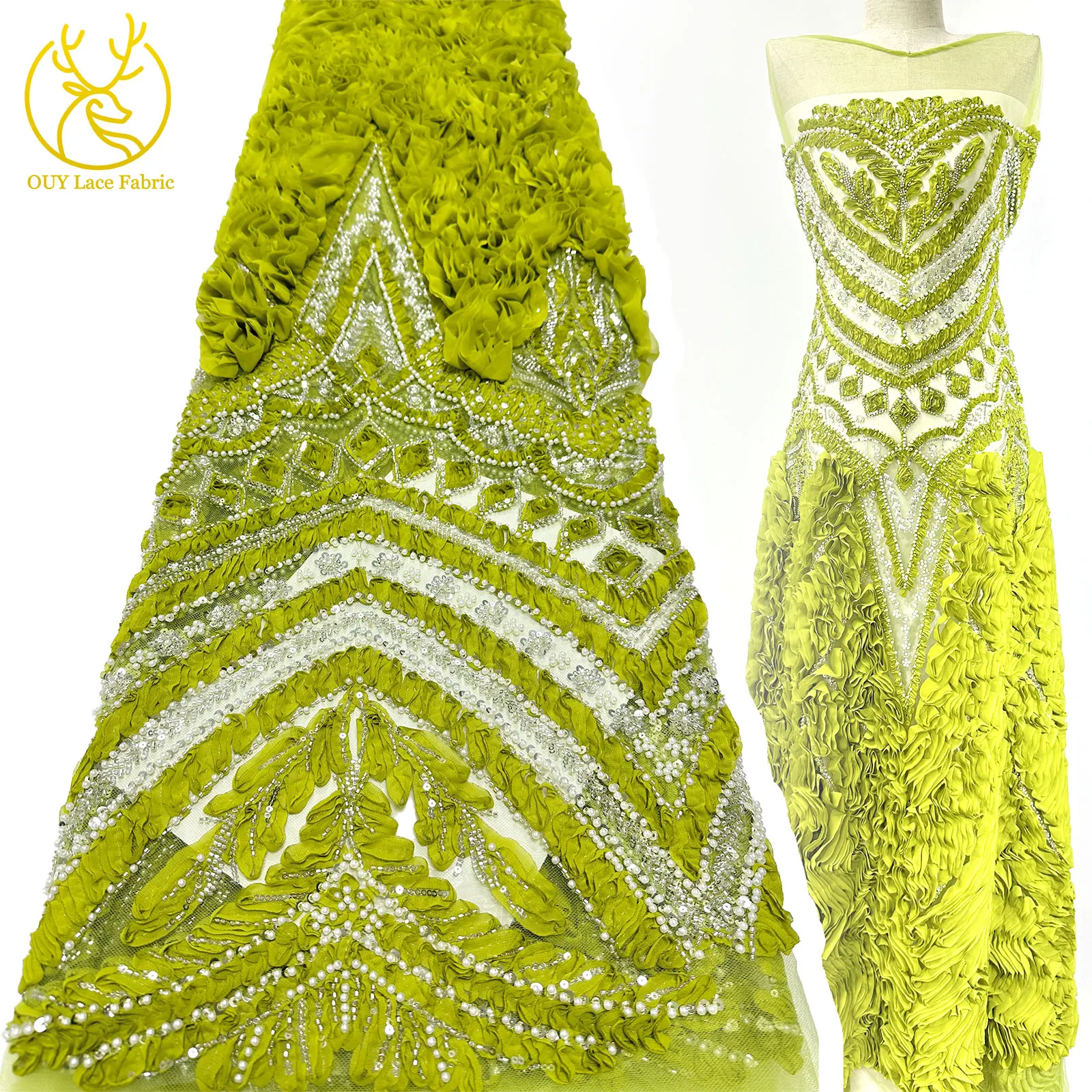 

3D Flower Beautiful African Beaded Tulle Lace Fabric 2025 French Nigerian Sequins Embroidery Lace Fabric Wedding Noble Dress 5Y