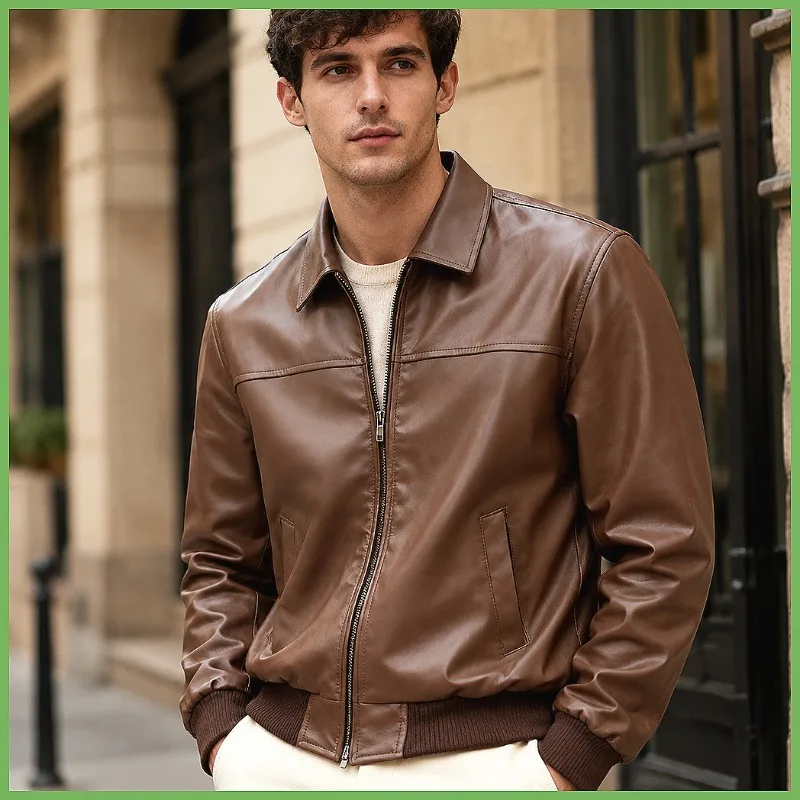 Men's Spring Autumn Vintage Washed Brown PU Leather Jacket Distressed Lightweight Zipper Casual Streetwear Retro Outerwear