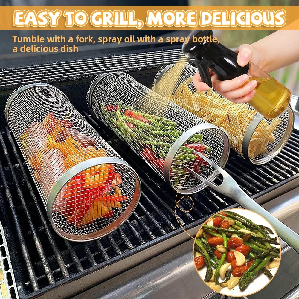 

Cookware BBQ Basket Barbecue Stainless Steel Rolling Grill Basket Kitchen Accessories Portable Round Outdoor Camping Grill Tools