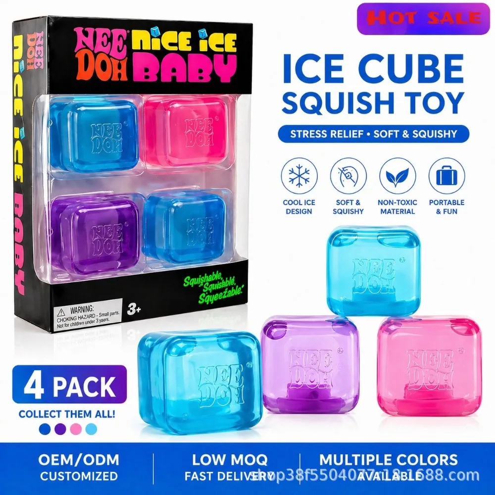 

New Needoh Nice Ice Baby Fidget Cube Set 4 Pack Super Solid Squish Sensory Toys Non-toxic Squeeze Toys for ADHD and Autism Gift