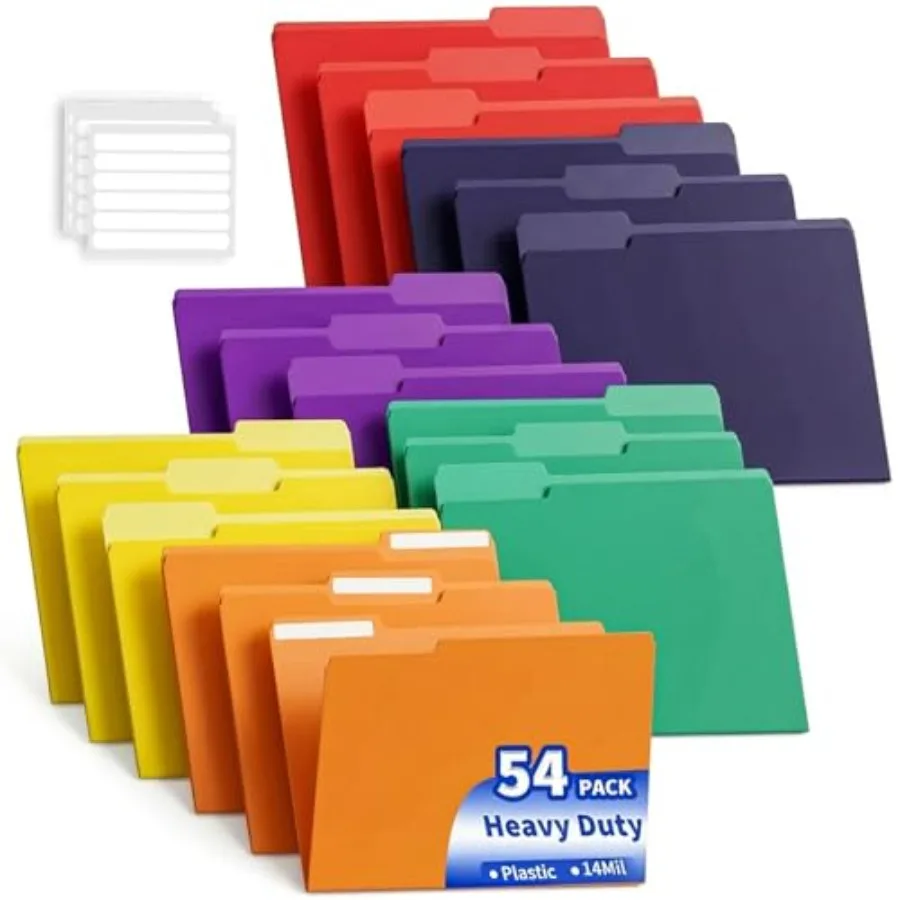 

54-Pack Heavy Duty Plastic File Folders, 1/3-Cut Tab Letter Size Colored File Folders, 14 Mil Thick, 6 Assorted Colors, for Off